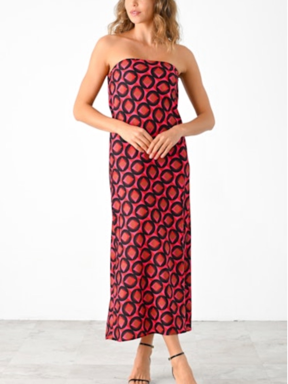 Lavender Brown Strapless Red and Black Print Maxi Dress
